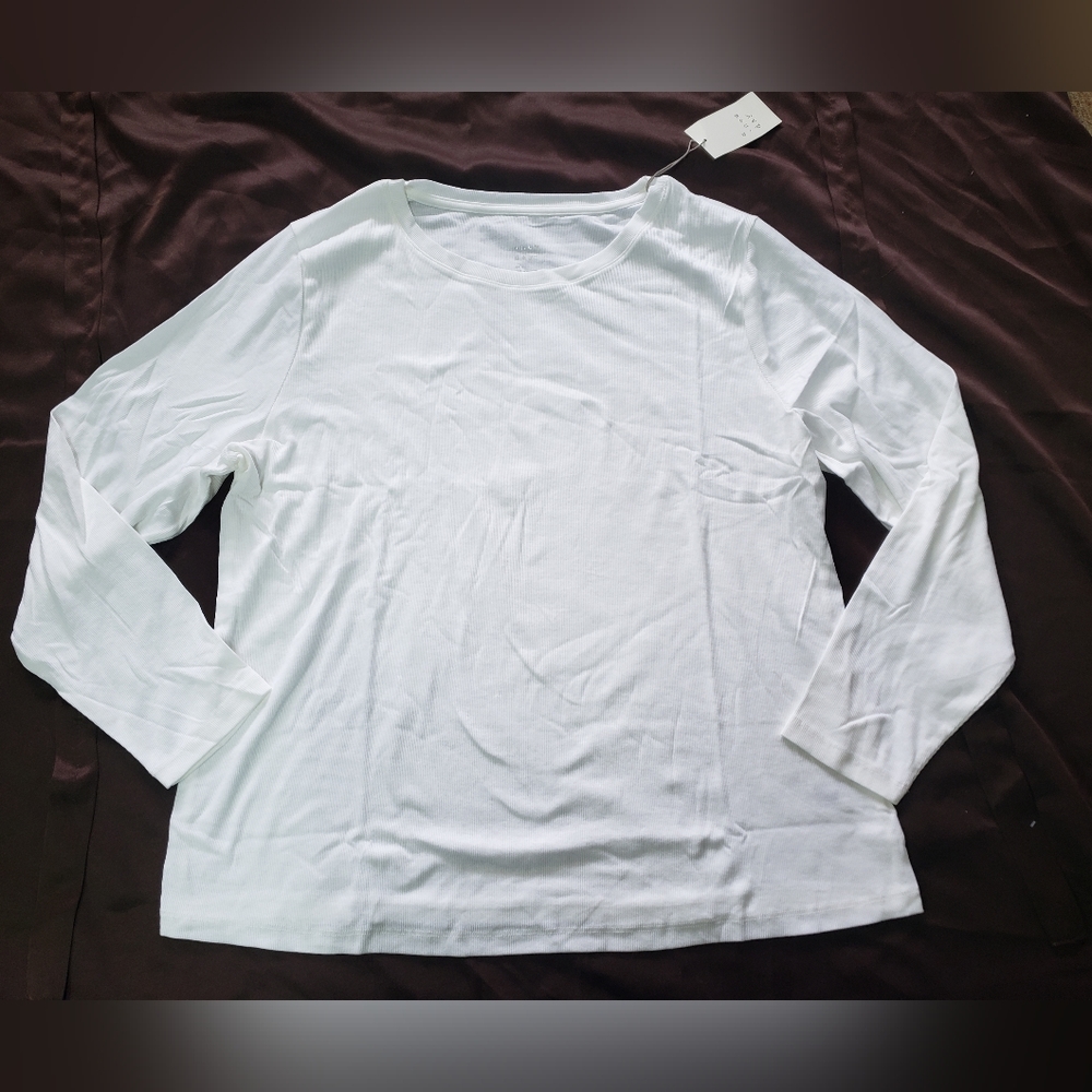 A New Day Women's Plus Size Long Sleeve Ribbed Tee, White, Size 2X or 3X, NWT